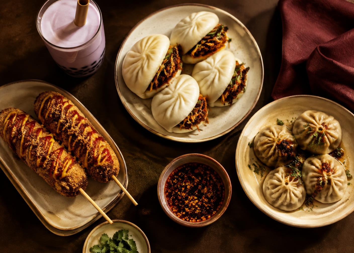 Illustrative spread of corn dogs, bao, momos and taro bubble tea